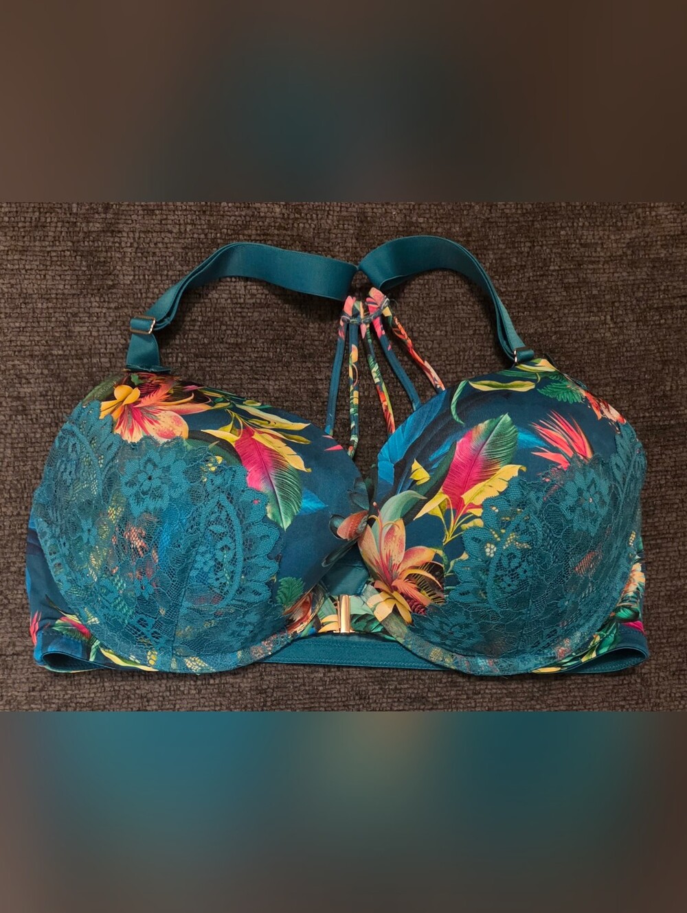 Cacique Teal Floral Lace Front Close Underwire Bra with Strappy Detail. 38DD